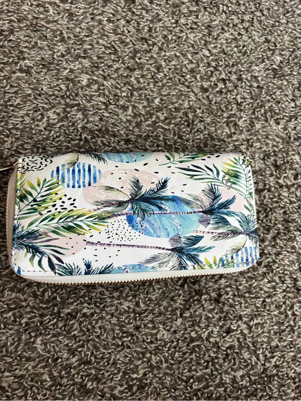 Tropical Palm Print Zip-Around Wallet - Blue & Green